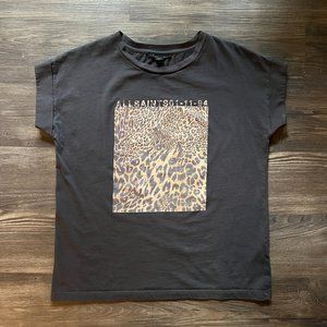 ALLSAINTS Capso Kiku Imogen Boy Top | leopard print graphic tee | size M-L